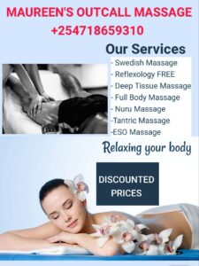 Get that massage you've been wanting delivered to your door step. I offer professional services and I guarantee you the best experience at the comfort of your place. All you need to do is call or WhatsApp me to book for a session. The services being offered are :- 1. Swedish Massage 2. Deep Tissue Massage 3. Full Body Massage 4. Nuru or body to body massage 5. Tantric Massage 6. Lingam massage 7. Yoni massage 8. Couple's massage 9. ESO massage 10. Reflexology (free with every massage booked) Call +254718659310 WhatsApp https://wa.me/254718659310 Website www.nairobimasseuse.co.ke #massage #nairobi #outcall #outcallmassage #wellness #hotelmassage #homemassage #westlandsmassage #kilimanimassage #hurlighammassage