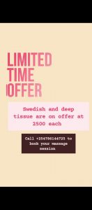 Take advantage of our AMAZING OFFERS.
Swedish Massage 2500
Deep tissue massage 2500

Call +254786144725
#Massage #swedishmassage #deeptissuemassage 